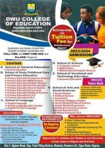 Owu College of Education NCE, Part-Time NCE & Pre-NCE Admission form