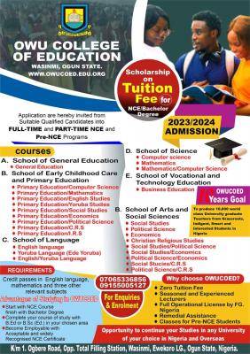 Owu College of Education NCE, Part-Time NCE & Pre-NCE Admission form