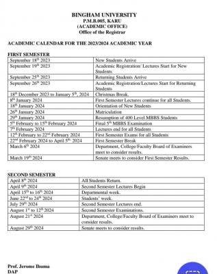 Bingham University Academic Calendar