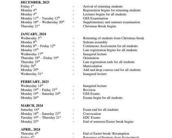 UNICAL Academic Calendar