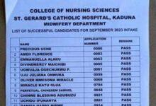 St. Gerald Catholic Hospital Midwifery Admission List for September