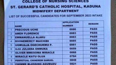 St. Gerald Catholic Hospital Midwifery Admission List for September