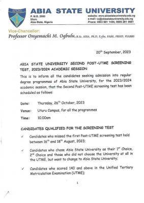 ABSU 2nd Batch Post UTME Screening Exercise