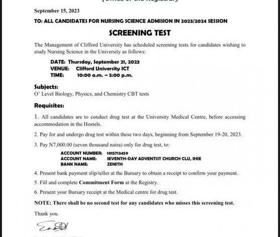 Clifford University Screening Date for Nursing Science
