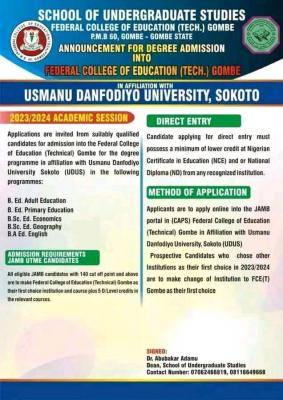 FCE (Tech) Gombe affiliated with UDUS Degree Admission Form
