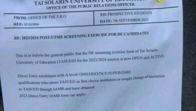TASUED Post UTME Screening Exercise for DE Candidates