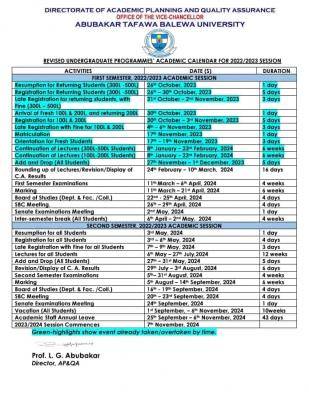 ATBU revised Semester Academic Calendar
