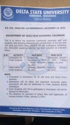 DELSU Adjusted Academic Calendar