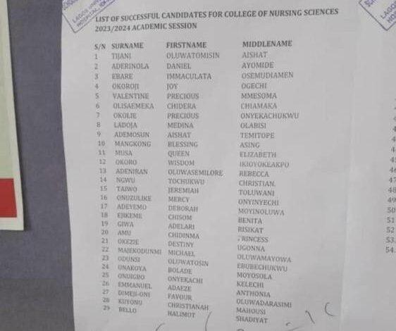 LASUTH College of Nursing Admission List
