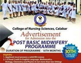 College of Nursing Calabar Post Basic Midwifery Admission Form