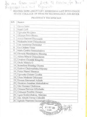 Enugu State College of Health Tech Supplementary Admission List