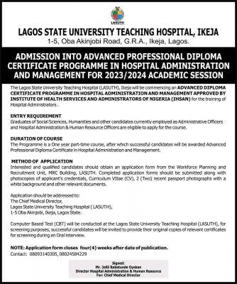 LASUTH admission into Advanced Professional Diploma in Hospital Administration & Management