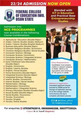 FCE Iwo Admission Form into NCE Programmes