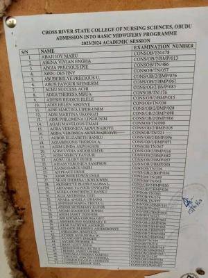 Cross River State College of Nursing Basic Midwifery Admission List
