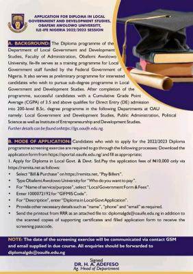 OAU Diploma in Local Government & Development Studies Admission Form