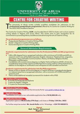 UNIABUJA Admission into Professional Postgraduate Programme in Creative Writing