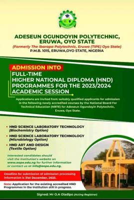 AOPE Admission into Newly Accredited full-time HND Programmes