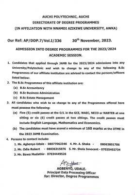 Auchi Poly affiliated to UNIZIK Degree Admission Form