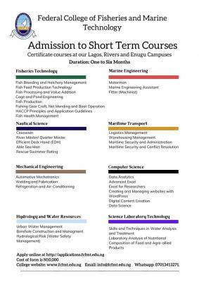 Federal College of Fisheries & Marine Tech Short term Courses Admission Form