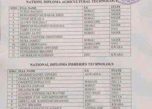 Federal College of Fresh Water Fisheries Technology Batch A admission List