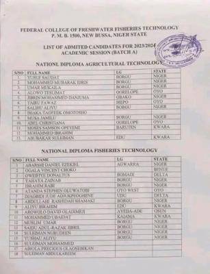 Federal College of Fresh Water Fisheries Technology Batch A admission List