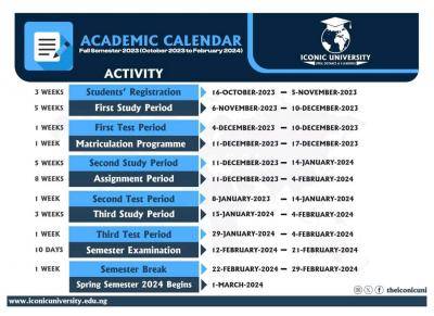 Iconic University Academic Calendar for Fall Semester
