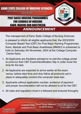 Kano State College of Nursing Post Basic Nursing Screening Date
