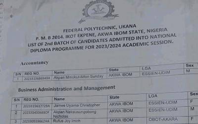 Federal Polytechnic Ukana 2nd batch ND Admission List