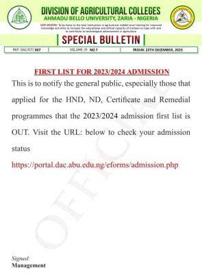 ABU Zaria Division of Agricultural College 1st batch Admission List