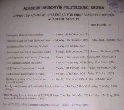 AOPE 1st semester Academic Calendar