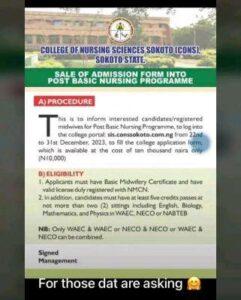 College of Nursing Sciences Sokoto Post Basic Nursing Admission Form