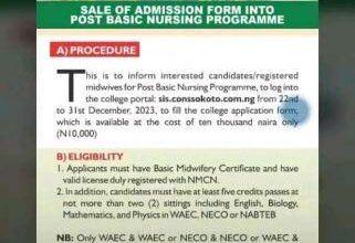 College of Nursing Sciences Sokoto Post Basic Nursing Admission Form