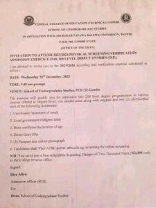FCE Tech Gombe in Affiliation with ATBU Notice of Physical Screening/Verification for DE