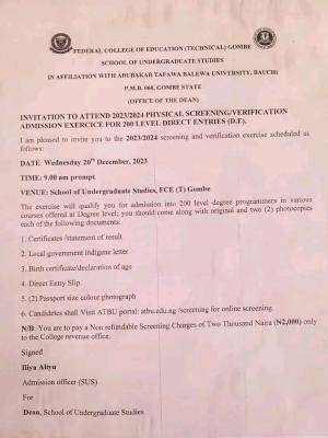 FCE Tech Gombe in Affiliation with ATBU Notice of Physical Screening/Verification for DE