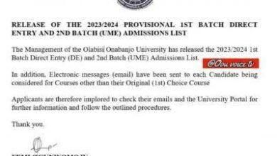 OOU 2nd batch UTME and 1st Batch DE Admission List