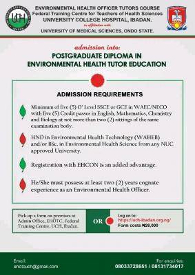 UCH Ibadan in affiliation with UNIMED Admission into PGD in Environmental Education