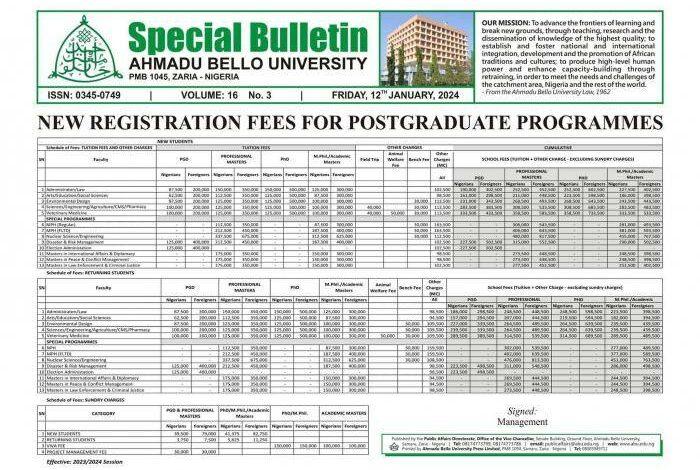 ABU New Registration Fee Schedule for Postgraduate Programmes