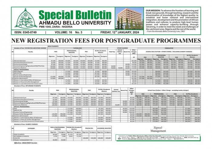 ABU New Registration Fee Schedule for Postgraduate Programmes 