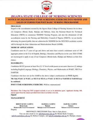 Jigawa State College of Nursing Sciences ND/HND Admission Form