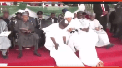 Kogi deputy gov, wife prostrate before Yahaya Bello after swearing-in