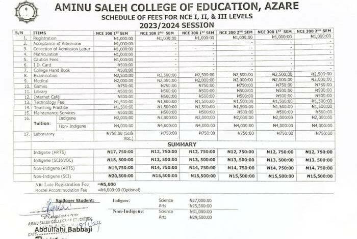 Aminu Saleh COE NCE School Fee and Registration Schedule
