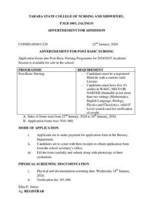 Taraba State College of Nursing Post Basic Nursing Admission Form
