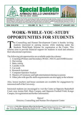 ABU Zaria Work While You Study Opportunities