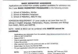 Abia State Government Basic Midwifery Admission Form