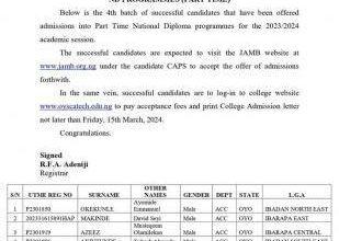 OYSCATECH 4th batch ND Part-time Admission List