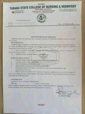 Taraba State College of Nursing Community Midwifery Admission Form